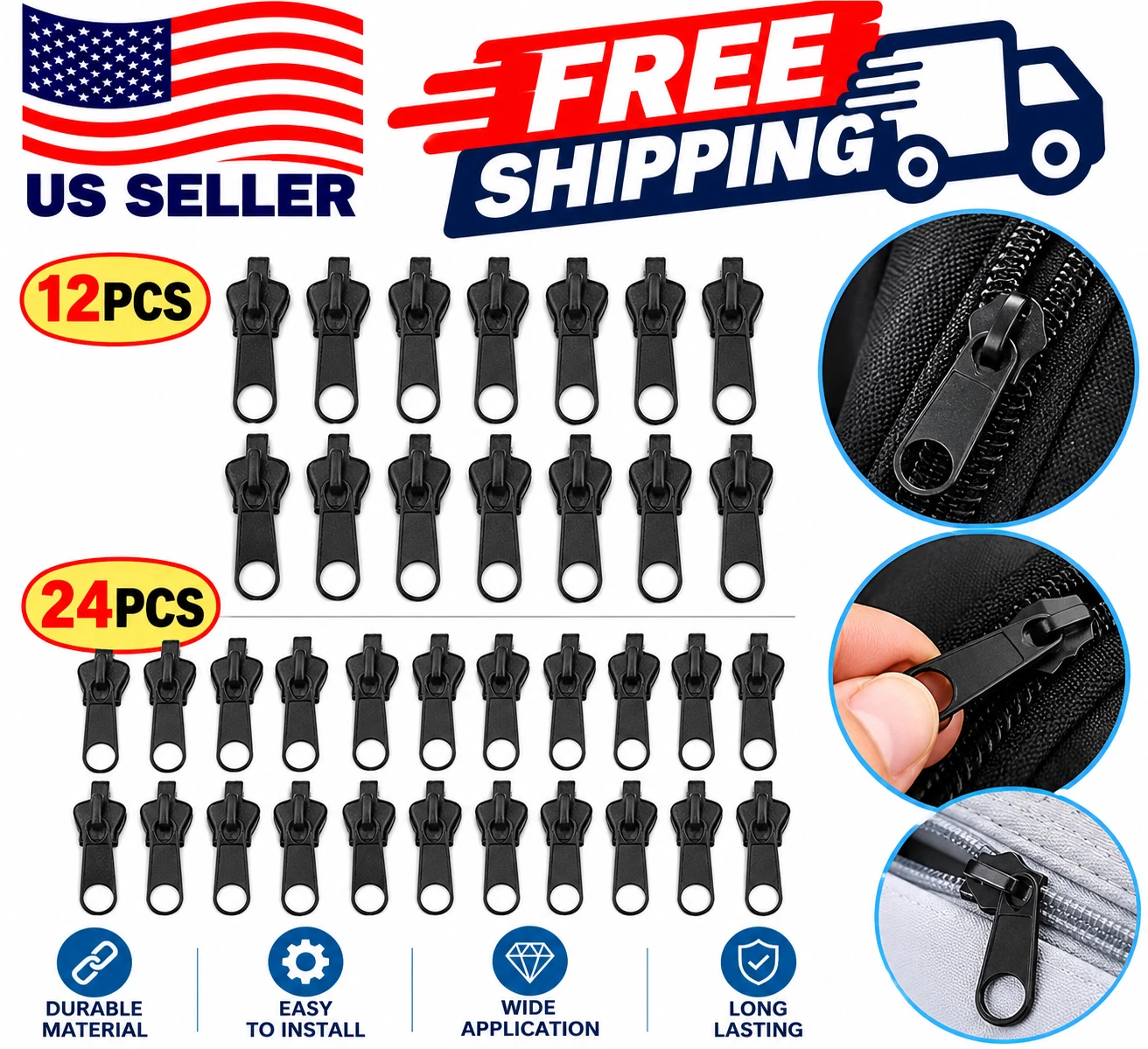 12 Pack Universal Quick Fix Zipper Repair Kit Detachable Slider Replacement